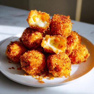 A pile of golden-brown Cheese Crunch Bites on a white plate, with some broken open to reveal a gooey cheese center.