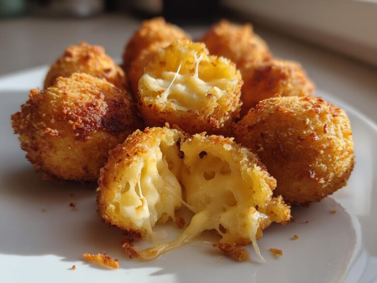 Golden brown, crispy Cheese Crunch Bites on a white plate, with one bite broken open to reveal a gooey, melted cheese center.