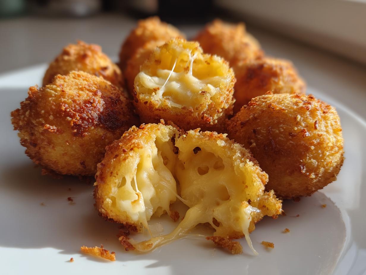 Golden brown, crispy Cheese Crunch Bites on a white plate, with one bite broken open to reveal a gooey, melted cheese center.