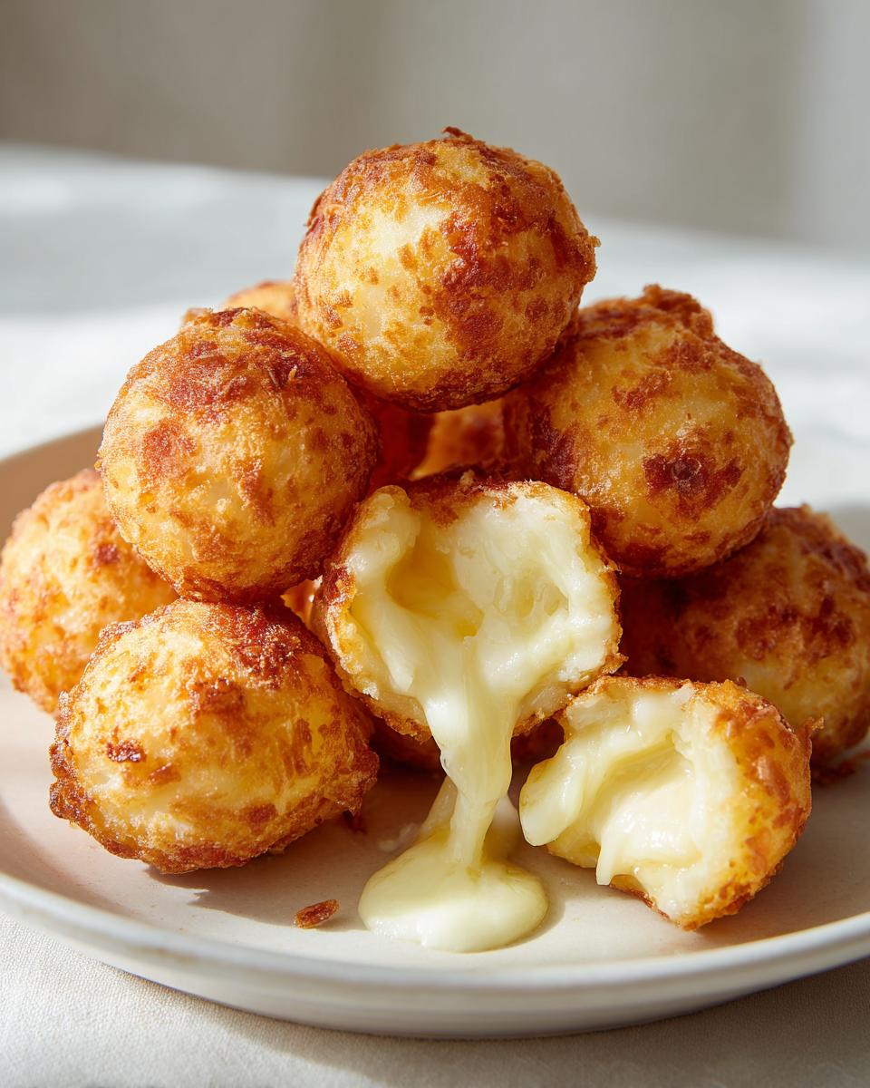 A pile of golden-brown Cheese Crunch Bites with one broken open to reveal a gooey, molten cheese center.