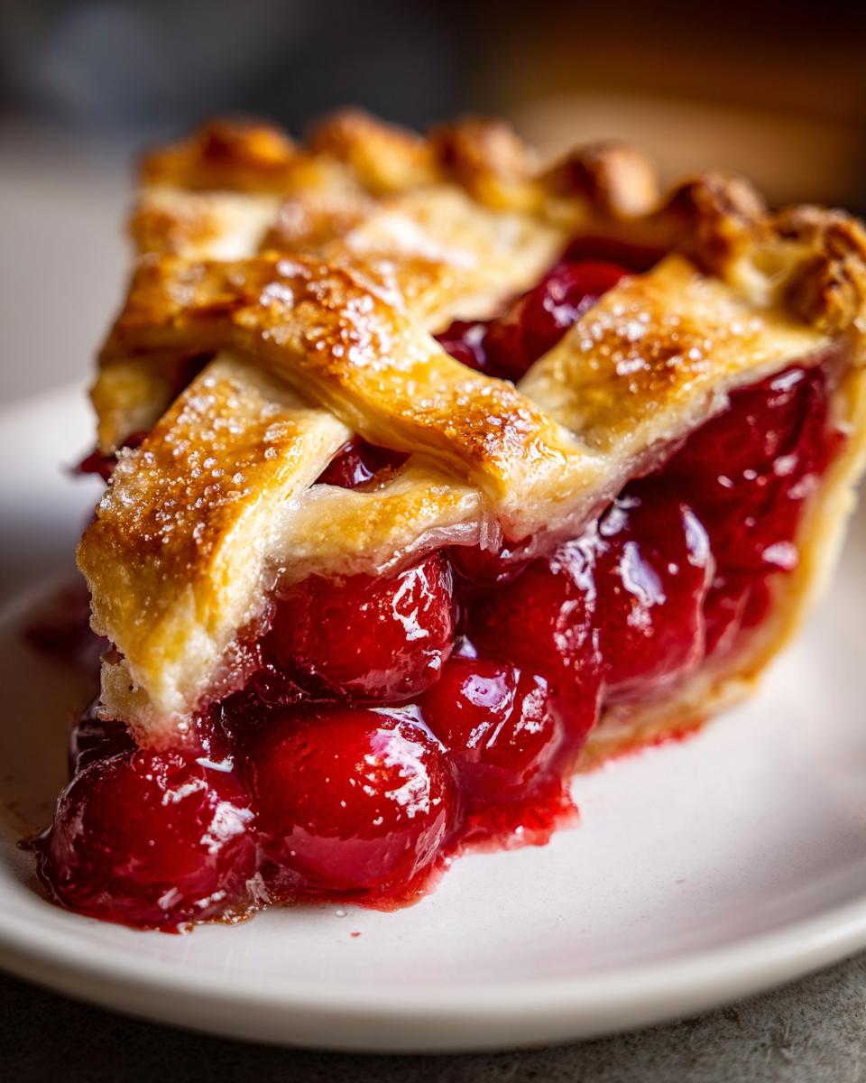 A close-up of a perfect slice of cherry pie, showcasing a golden lattice crust and juicy, red cherries.