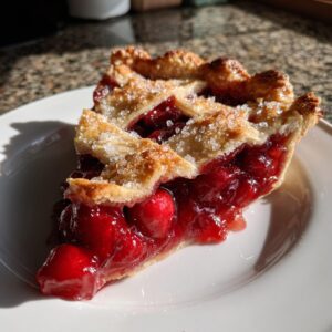A close-up of a delicious slice of cherry pie with a golden lattice crust sprinkled with sugar.