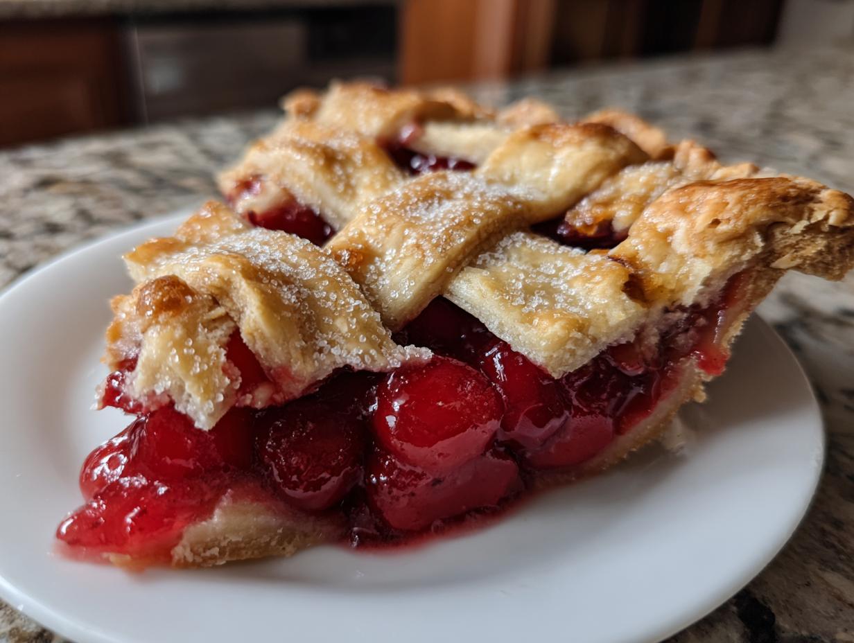 A delicious slice of cherry pie with a golden-brown lattice crust, filled with juicy cherries.