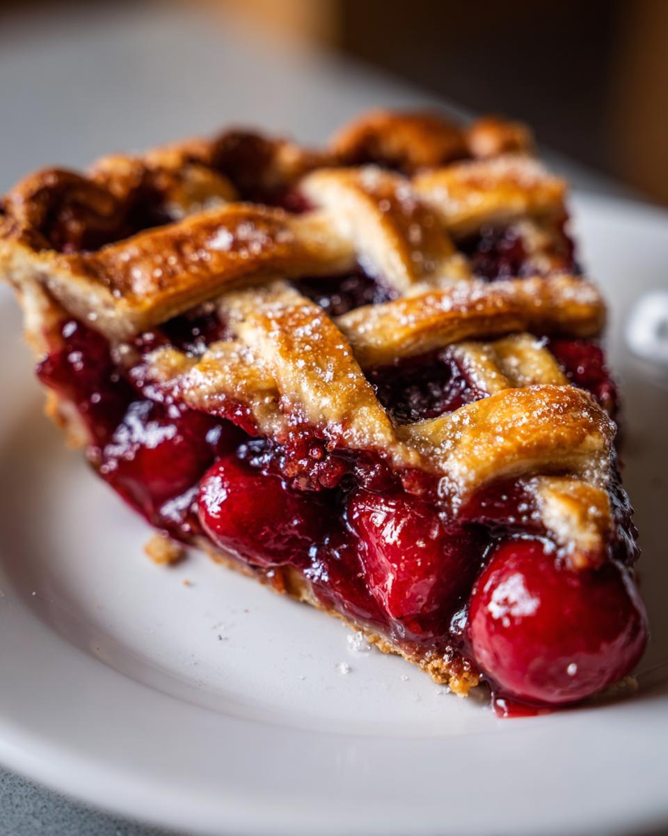 A close-up of a perfect cherry pie slice on a white plate, featuring a golden lattice crust and a generous filling of ripe cherries.