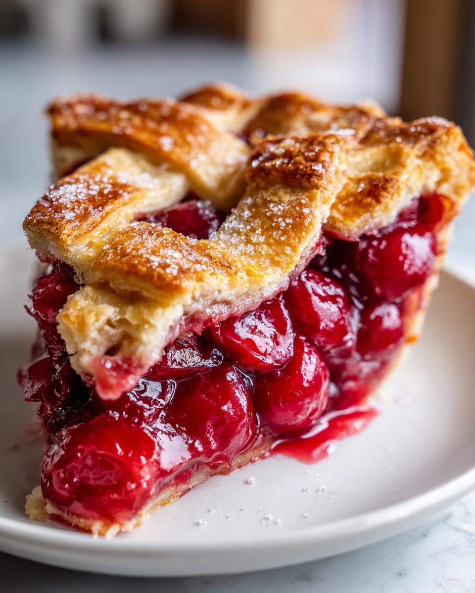 A close-up of a slice of cherry pie with a golden lattice crust, filled with juicy cherries.