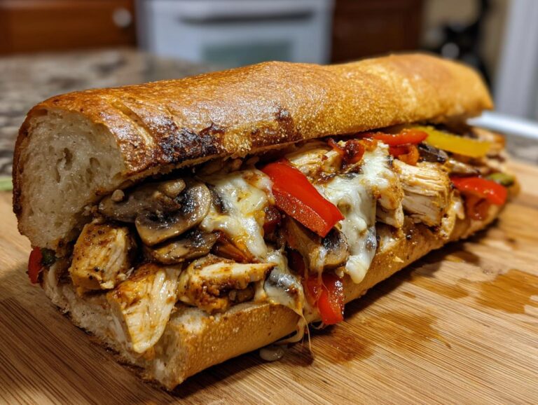 A close-up of a fully loaded chicken cheese steak sandwich with melted cheese, peppers, and mushrooms on a toasted bun.