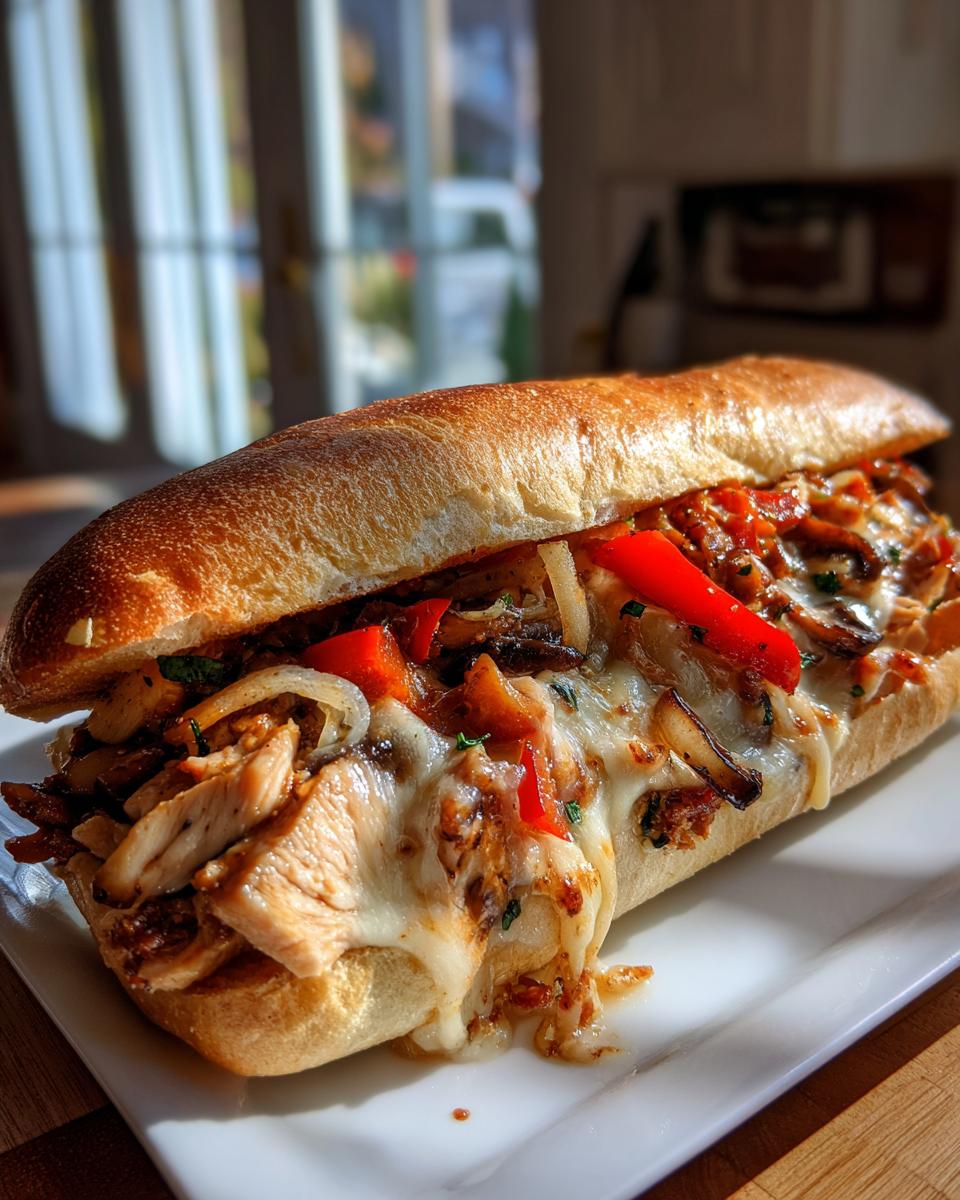 A close-up of a delicious chicken cheese steak sandwich overflowing with grilled chicken, melted cheese, onions, and red peppers.