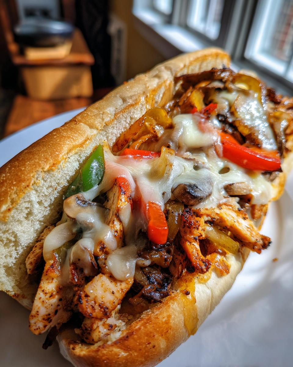 A close-up of a delicious chicken cheese steak sandwich filled with seasoned chicken, melted cheese, peppers, and onions.