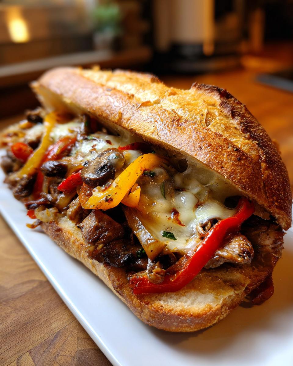 A close-up of a fully loaded chicken cheese steak sandwich with melted cheese, sautéed peppers, and mushrooms on a toasted bun.
