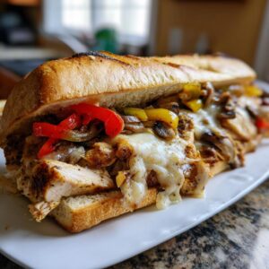 A close-up of a loaded chicken cheese steak sandwich with melted cheese, peppers, and mushrooms on a toasted bun.