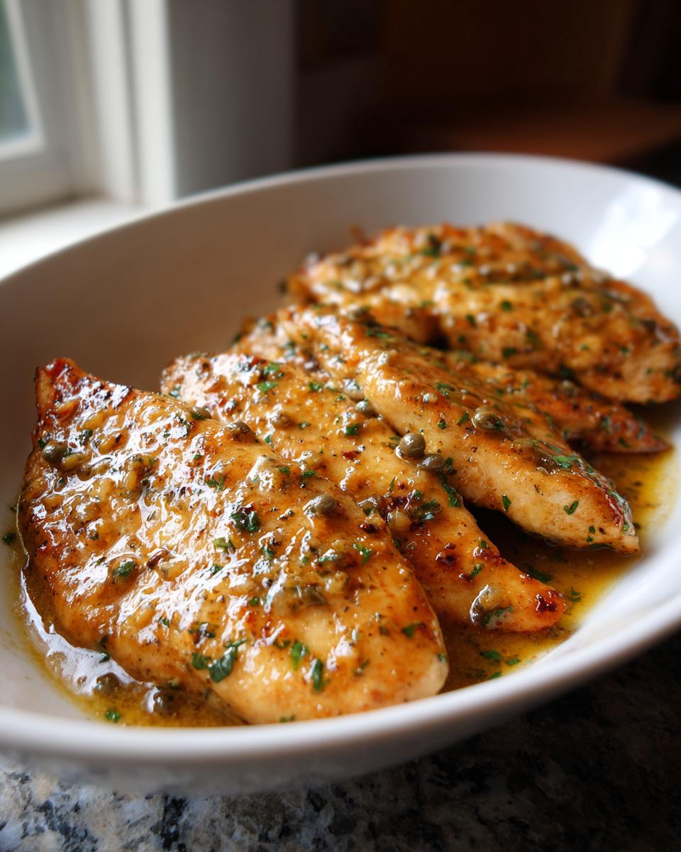 Close-up of tender chicken piccata with lemon sauce and capers in a white bowl.