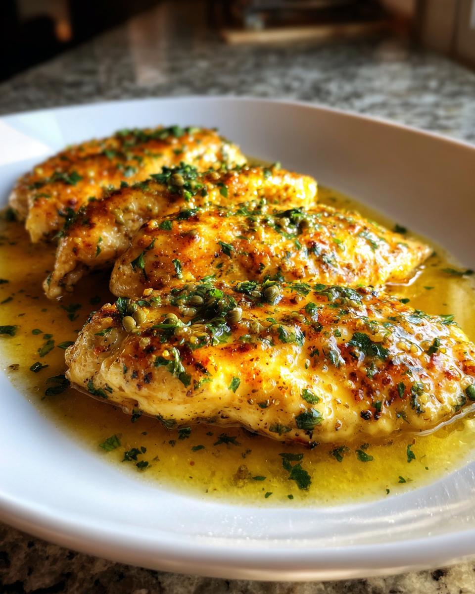 Close-up of pan-seared chicken piccata with lemon sauce, capers, and parsley.