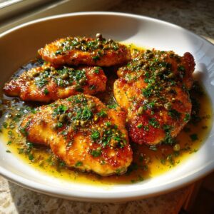 A close-up of four golden-brown chicken piccata cutlets in a white bowl, topped with a lemon-butter sauce, capers, and fresh parsley.