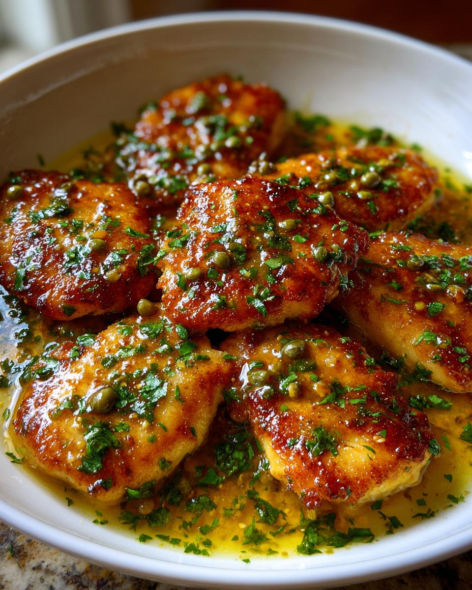 A close-up of several pieces of golden-brown chicken piccata with lemon sauce, capers, and parsley.
