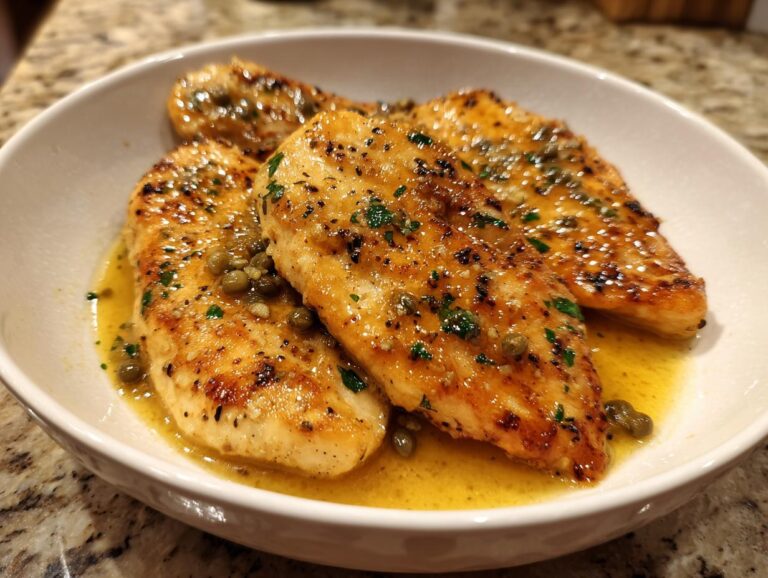 Close-up of three pan-seared chicken piccata breasts in a white bowl, topped with a lemon butter sauce and capers.