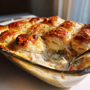 A close-up of a bubbly chicken pot pie casserole with golden-brown biscuit topping and a spoon digging in.