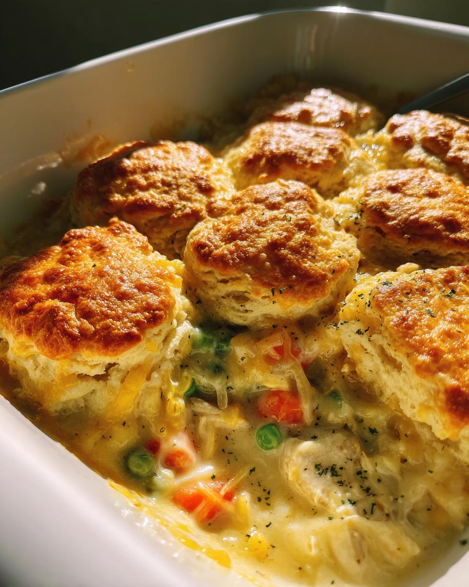 Close-up of a comforting chicken pot pie casserole topped with golden-brown biscuits and visible chicken and vegetables.