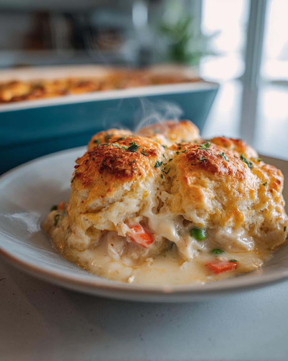 A close-up of a serving of chicken pot pie casserole topped with golden biscuits and garnished with parsley, with steam rising.