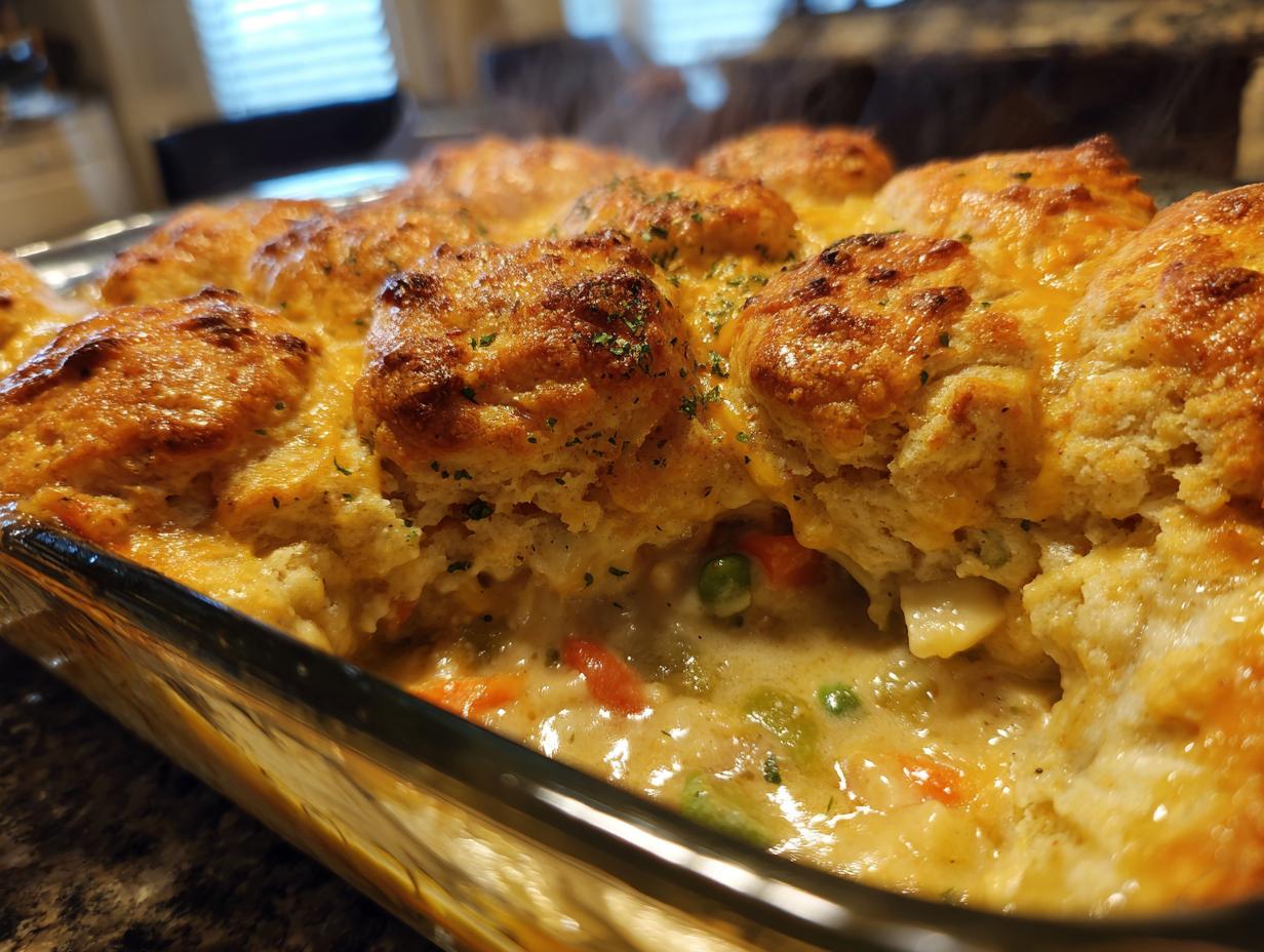 Close-up of a steaming chicken pot pie casserole topped with golden-brown biscuits and melted cheese.