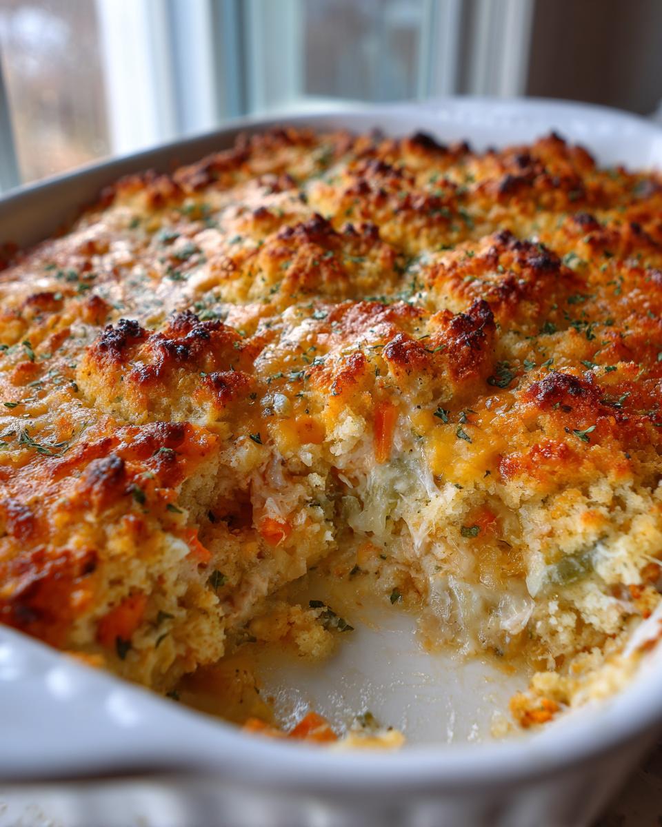 Close-up of a golden brown chicken pot pie casserole with a scoop removed, showing creamy filling and vegetables.