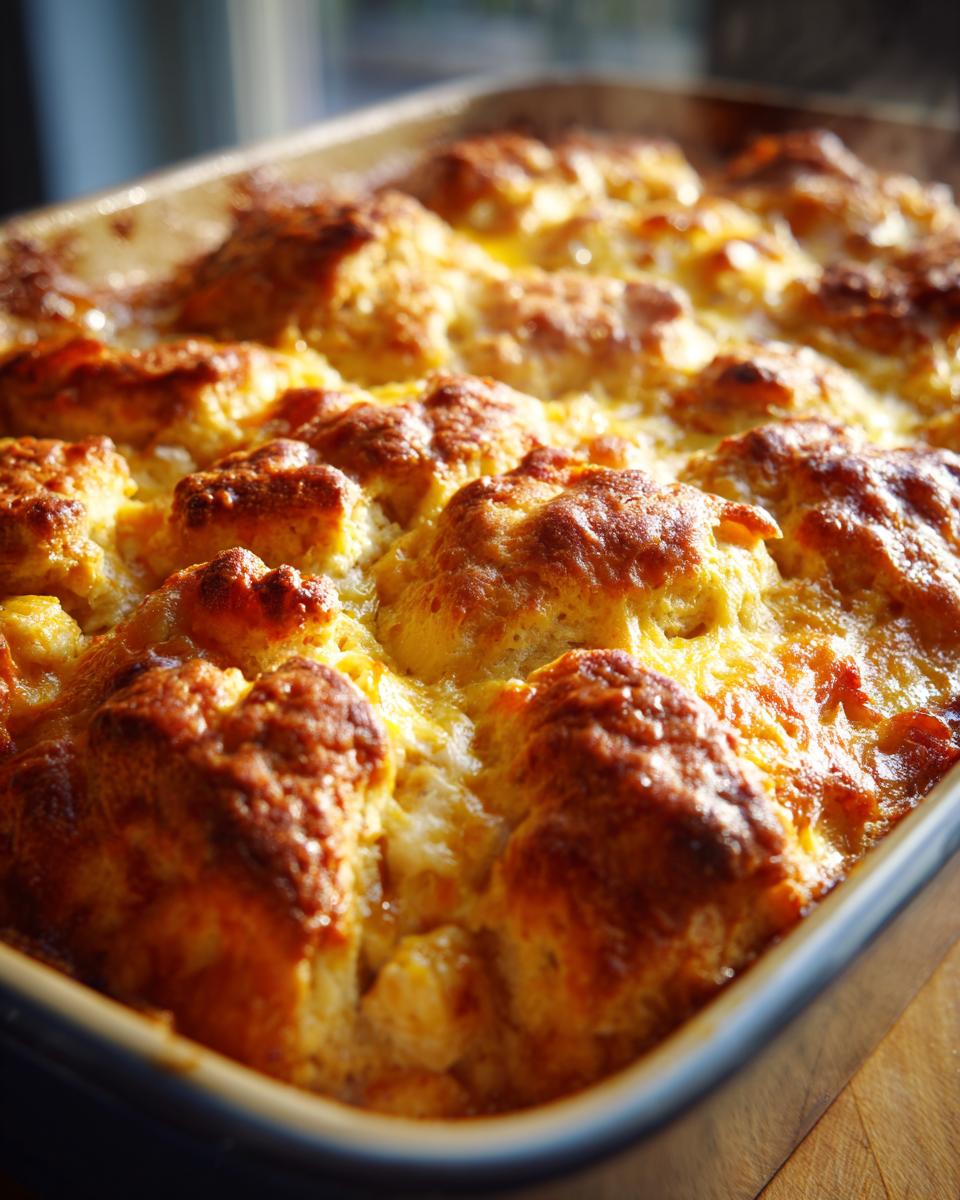 Close-up of a freshly baked chicken pot pie casserole with a golden brown, bubbly crust.