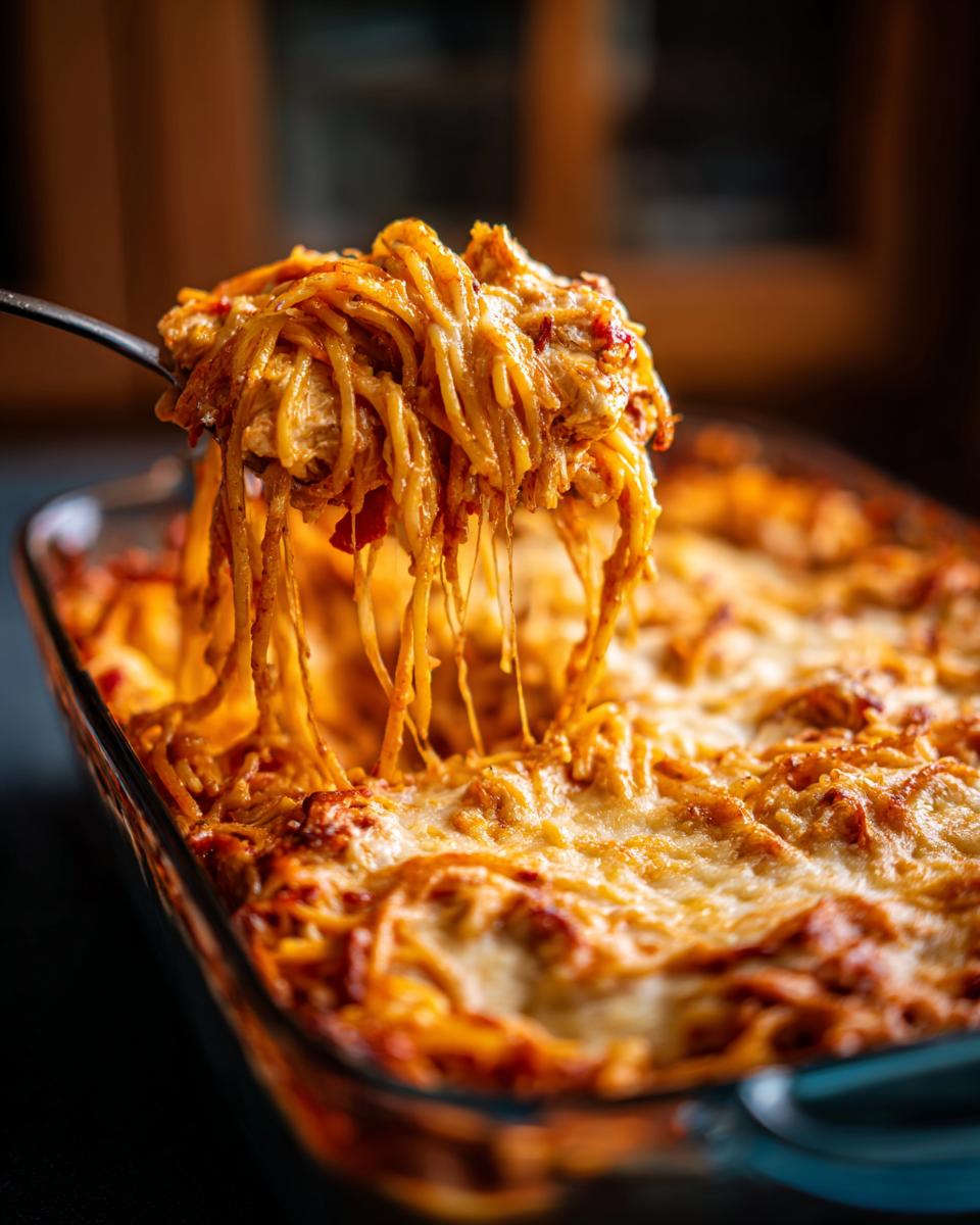 A serving spoon lifts a cheesy, saucy portion of Chicken Spaghetti Rotel from a baking dish.