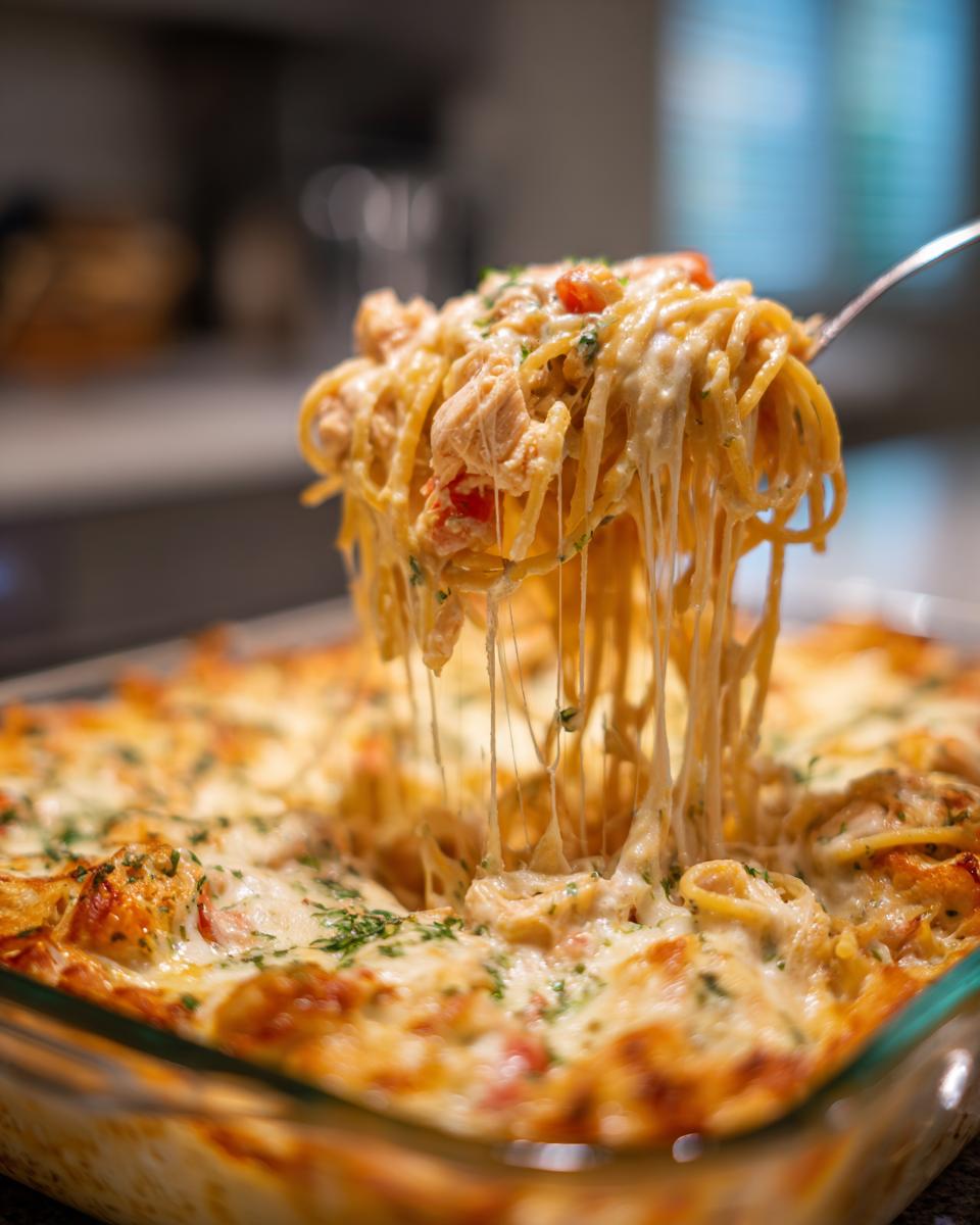 A fork lifting a cheesy portion of Chicken Spaghetti Rotel from a baking dish.