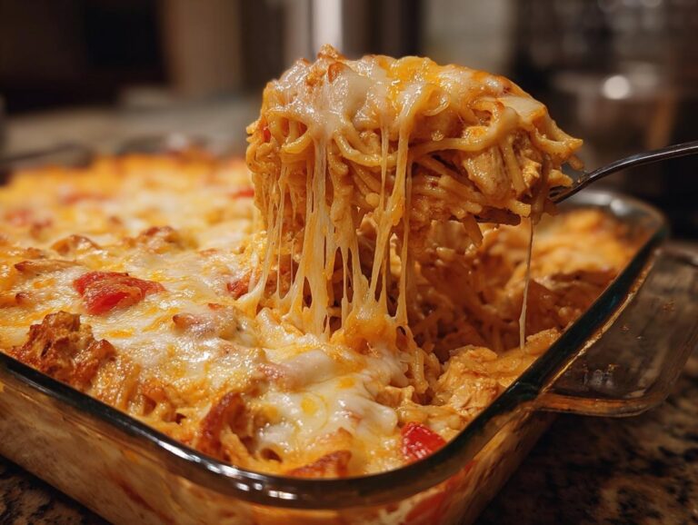 A fork lifting a cheesy, gooey portion of Chicken Spaghetti Rotel from a baking dish.