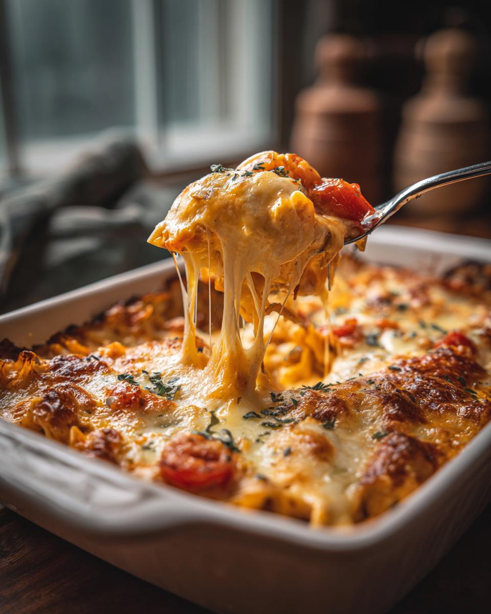 A spoonful of cheesy Chicken Spaghetti Rotel being lifted from a baking dish, showing melted cheese strands.