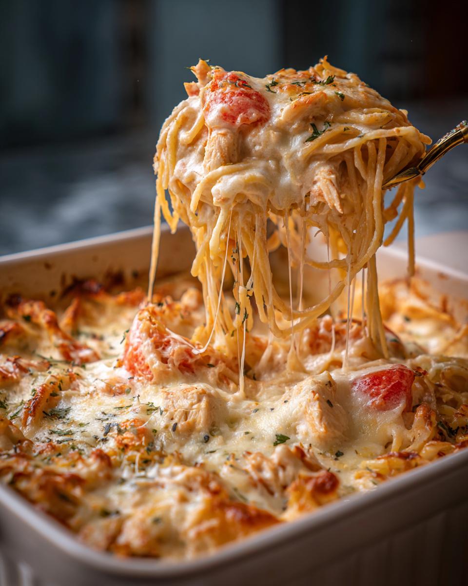 A serving spoon lifting a cheesy portion of Chicken Spaghetti Rotel from a casserole dish.