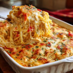 A fork lifting a cheesy portion of Chicken Spaghetti Rotel from a casserole dish.