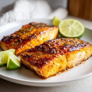 Two perfectly cooked chili lime mahi-mahi fillets served with fresh lime wedges on a white plate.