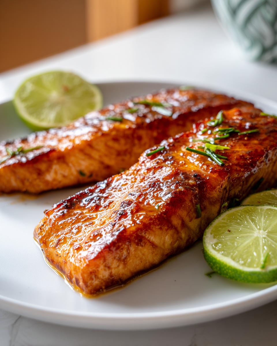 Two glistening fillets of chili lime mahi-mahi seasoned and garnished with fresh lime wedges and chopped chives.