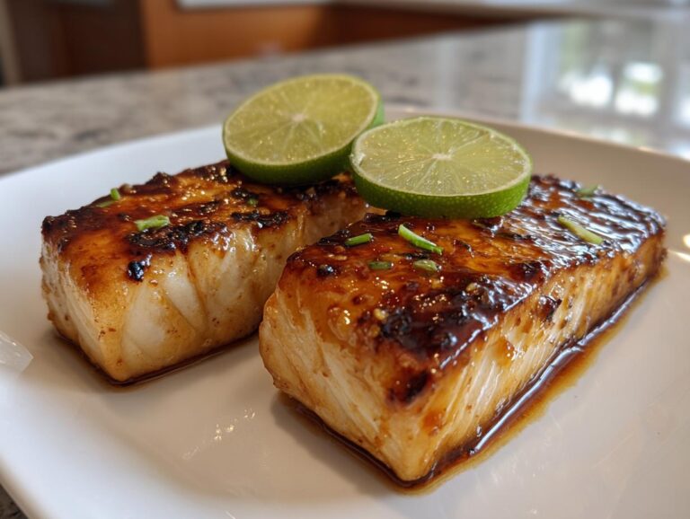 Two perfectly cooked chili lime mahi-mahi fillets garnished with lime slices and chopped green onions.