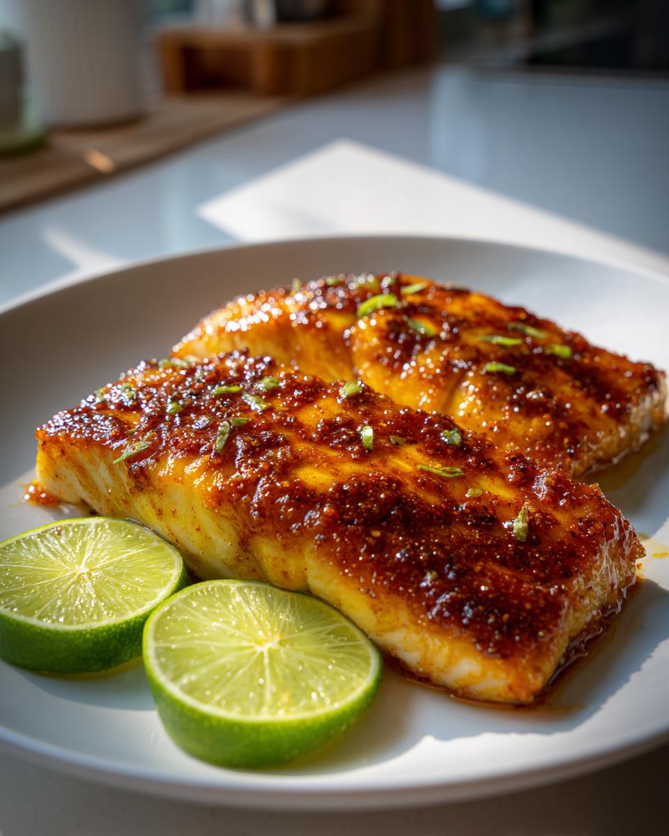 Two fillets of chili lime mahi-mahi on a white plate, garnished with chopped green herbs and lime slices.