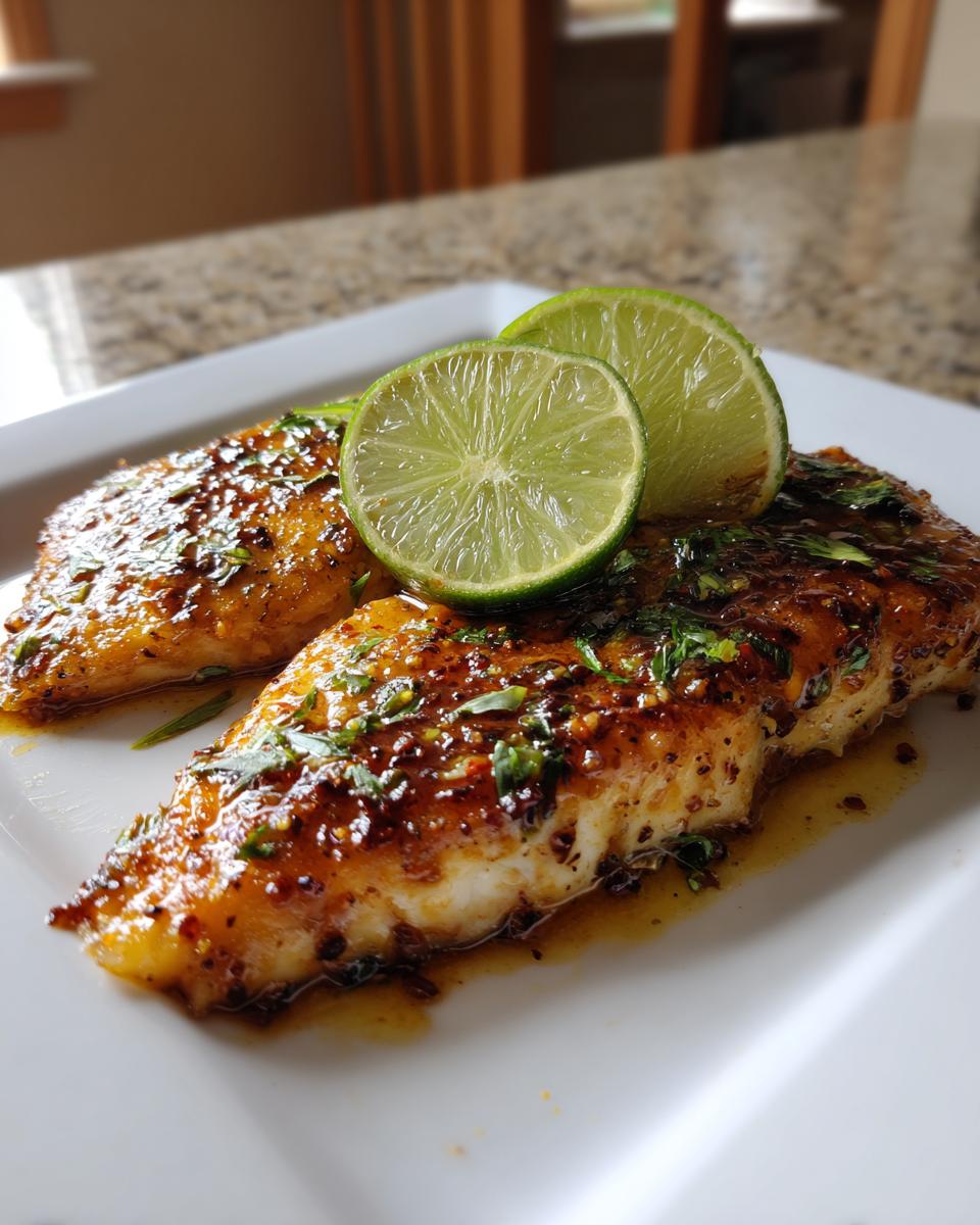 Two pieces of perfectly cooked chili lime mahi-mahi garnished with fresh lime slices and chopped herbs.