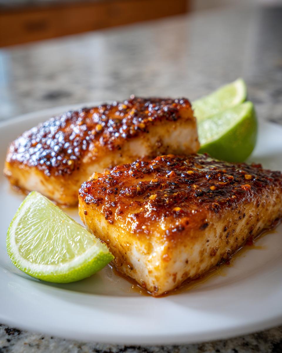 Two perfectly cooked fillets of chili lime mahi-mahi served with fresh lime wedges on a white plate.