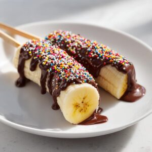 Two chocolate banana pops covered in colorful sprinkles on a white plate, a simple and fun treat.