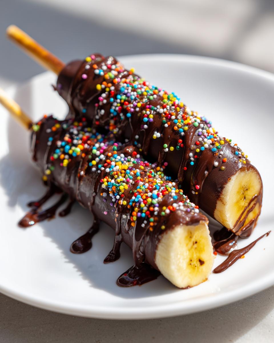 Two chocolate banana pops covered in chocolate and colorful sprinkles, served on a white plate.