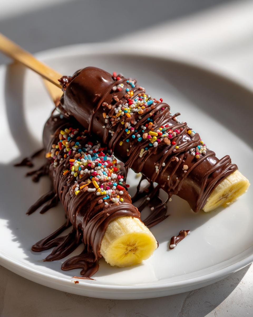 Two chocolate banana pops on a white plate, covered in chocolate and colorful sprinkles.