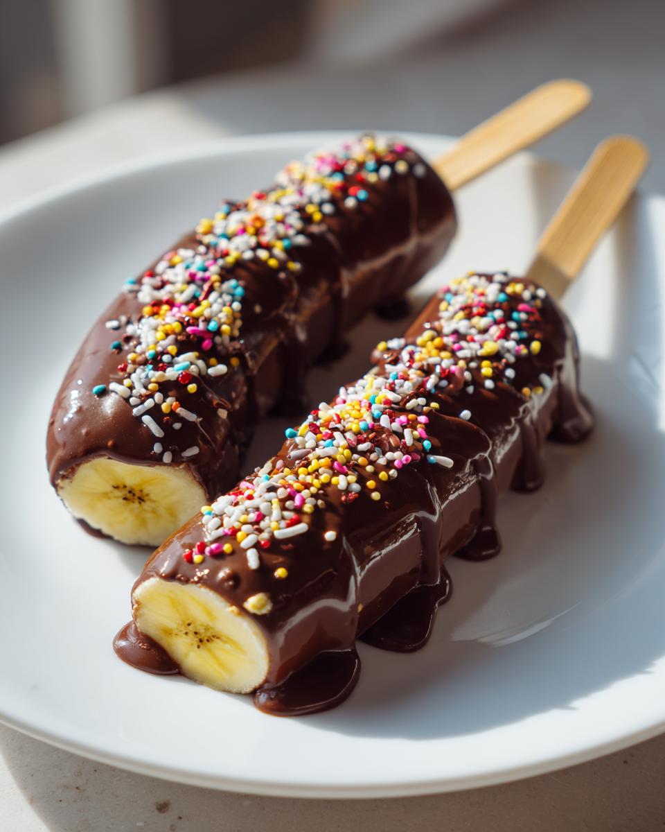 Two easy chocolate banana pops covered in dark chocolate and colorful sprinkles on a white plate.