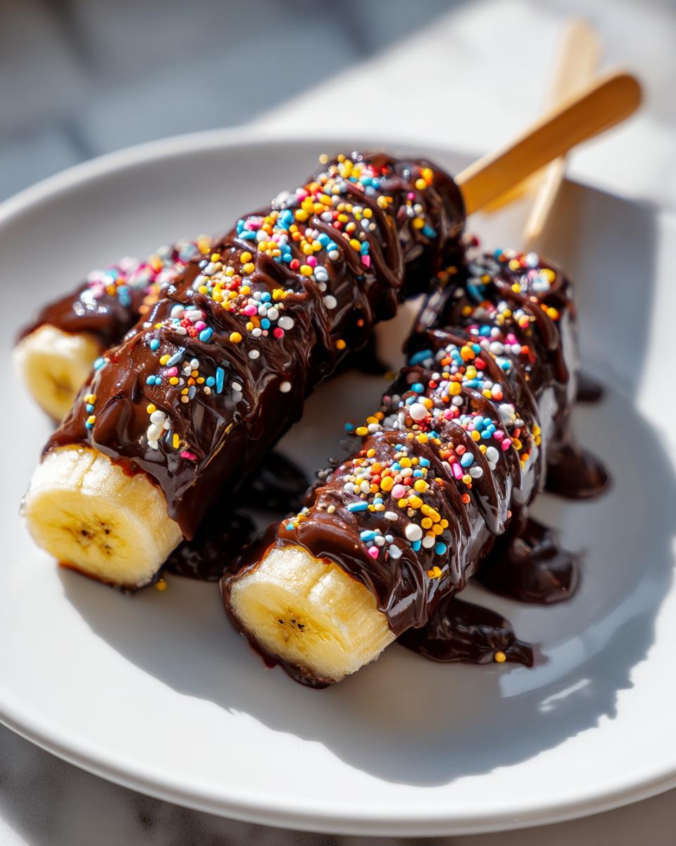 Three delicious chocolate banana pops covered in colorful sprinkles on a white plate.