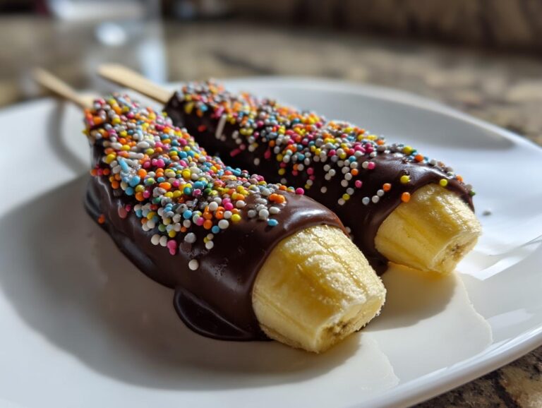 Two chocolate banana pops covered in colorful sprinkles, presented on a white plate.