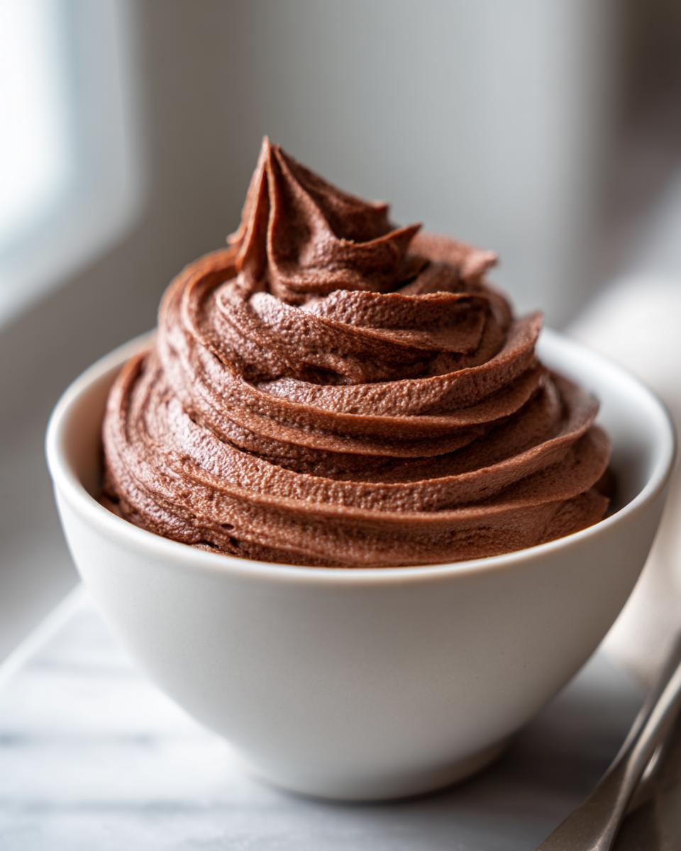 A close-up of a swirl of rich chocolate frosting recipe in a white bowl.