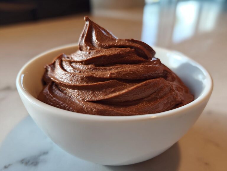 A close-up of rich chocolate frosting recipe swirled in a white bowl.
