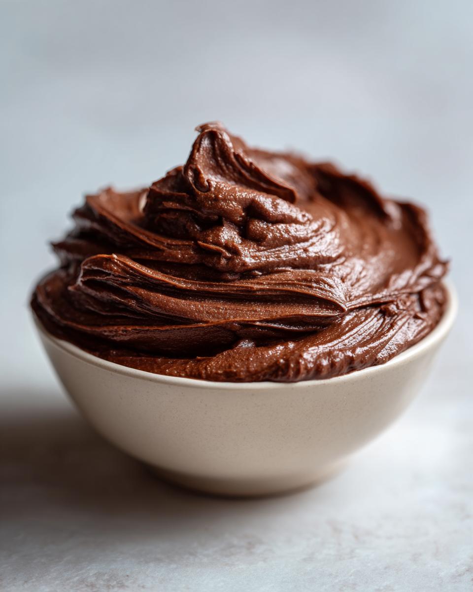 A close-up of creamy, dark chocolate fudge frosting swirled in a light-colored bowl.