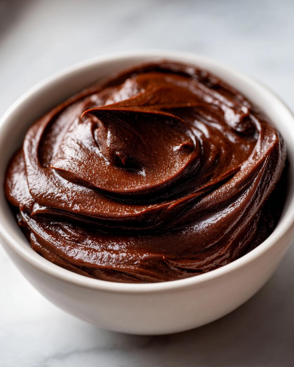 A close-up of smooth, glossy chocolate fudge frosting swirled in a white bowl.