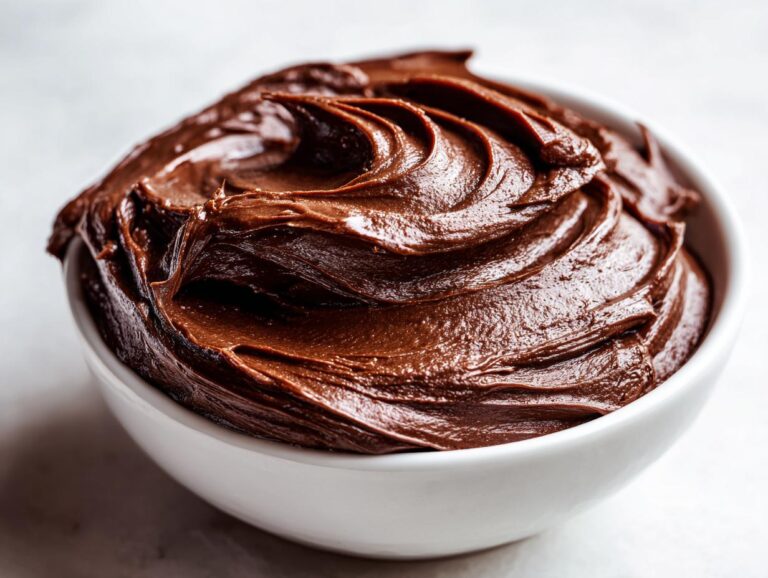 A close-up of smooth, rich chocolate fudge frosting swirled in a white bowl.