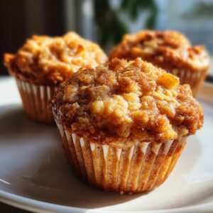 Close-up of three delicious cinnamon apple oatmeal muffins with a golden brown crumble topping on a white plate.
