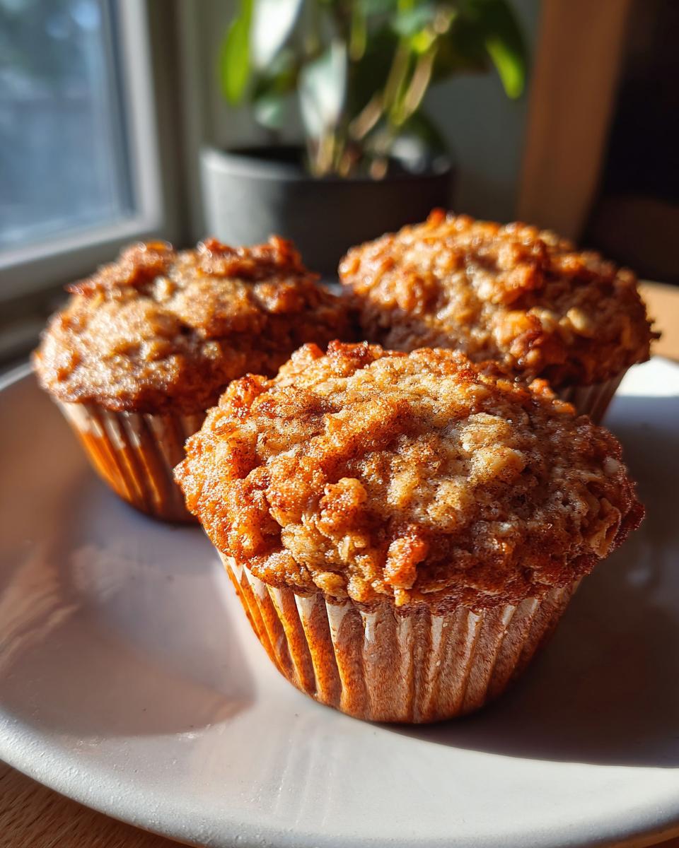 Three freshly baked cinnamon apple oatmeal muffins with a crumbly topping on a white plate.